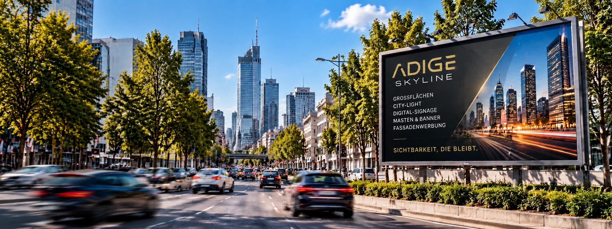 ADIGE-Skyline-Großflächenwerbung an einer innerstädtischen Hauptstraße