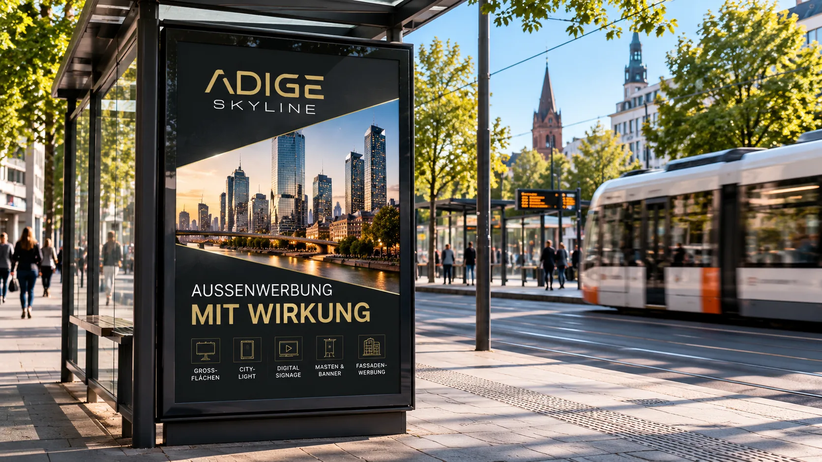 Plakatwerbung mit ADIGE-Skyline-Motiv an einer Hauswand