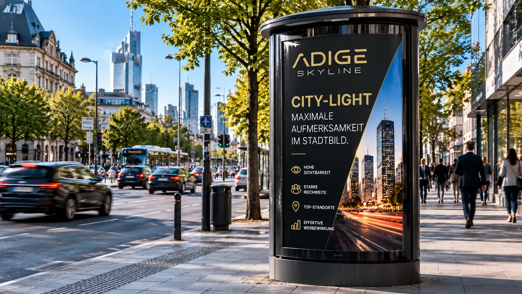 Beleuchtete Werbesäule mit ADIGE-Skyline-Motiv an einer Straße