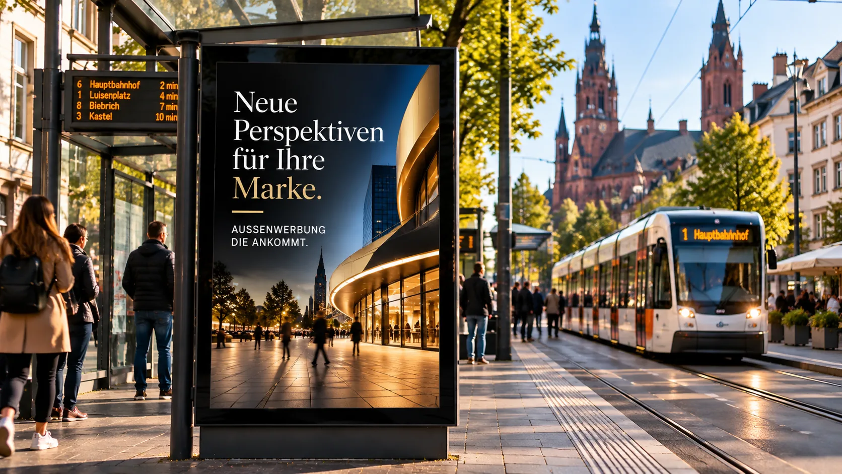 Hinterleuchtete Werbevitrine an einer Straßenbahnhaltestelle