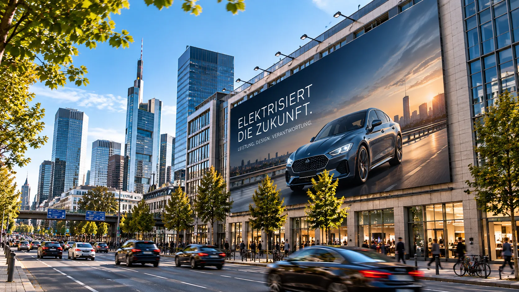 Großflächige Fassadenwerbung an einem Geschäftshaus in der Innenstadt