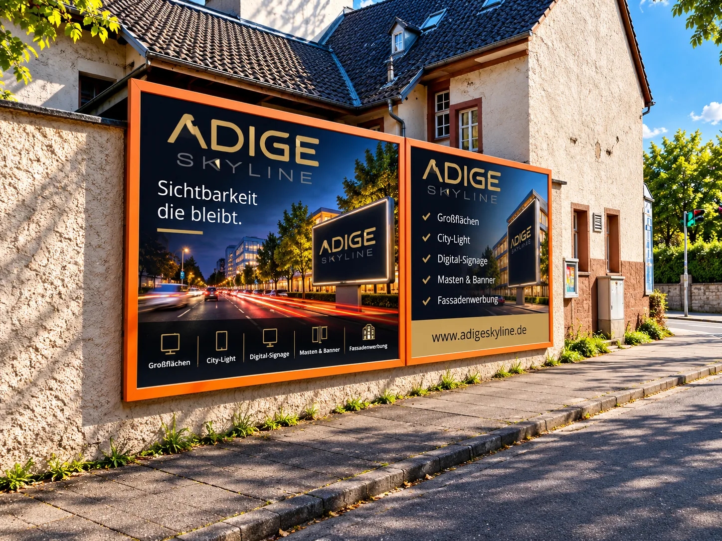 Zwei Plakatwände mit ADIGE-Skyline-Motiven an einer Mauer