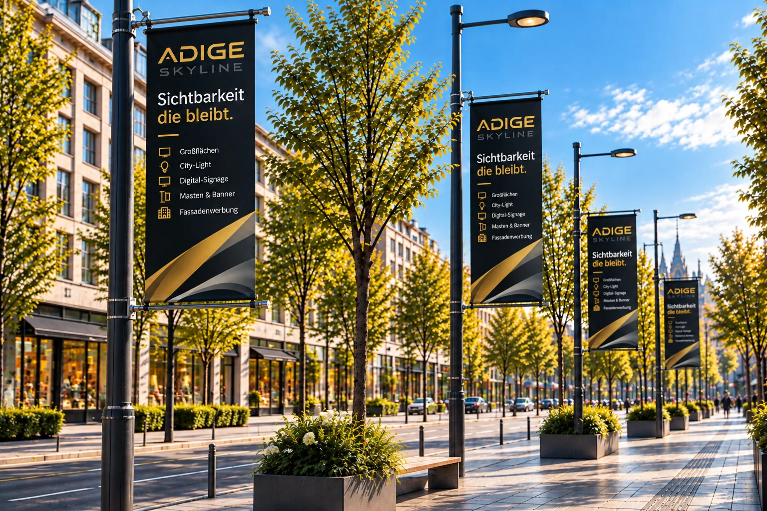 Pole-Banner mit ADIGE-Skyline-Motiv an Straßenmasten