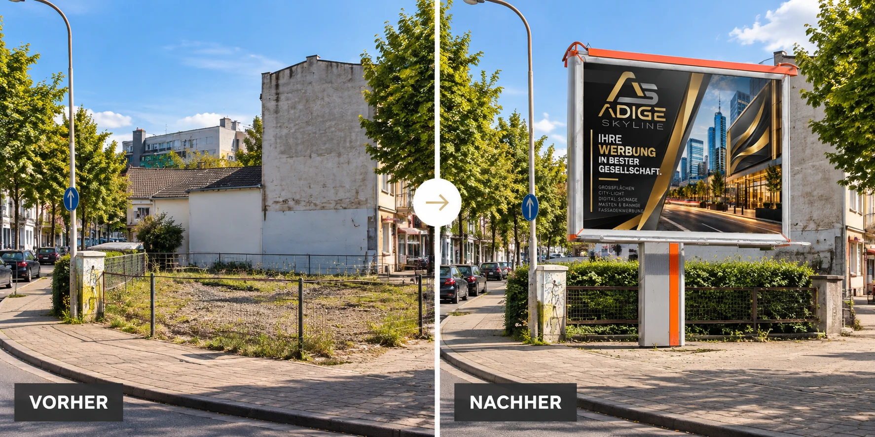 Vorher-Nachher-Vergleich: Freifläche an einer Straße ohne und mit ADIGE-Skyline-Großflächenwerbeanlage