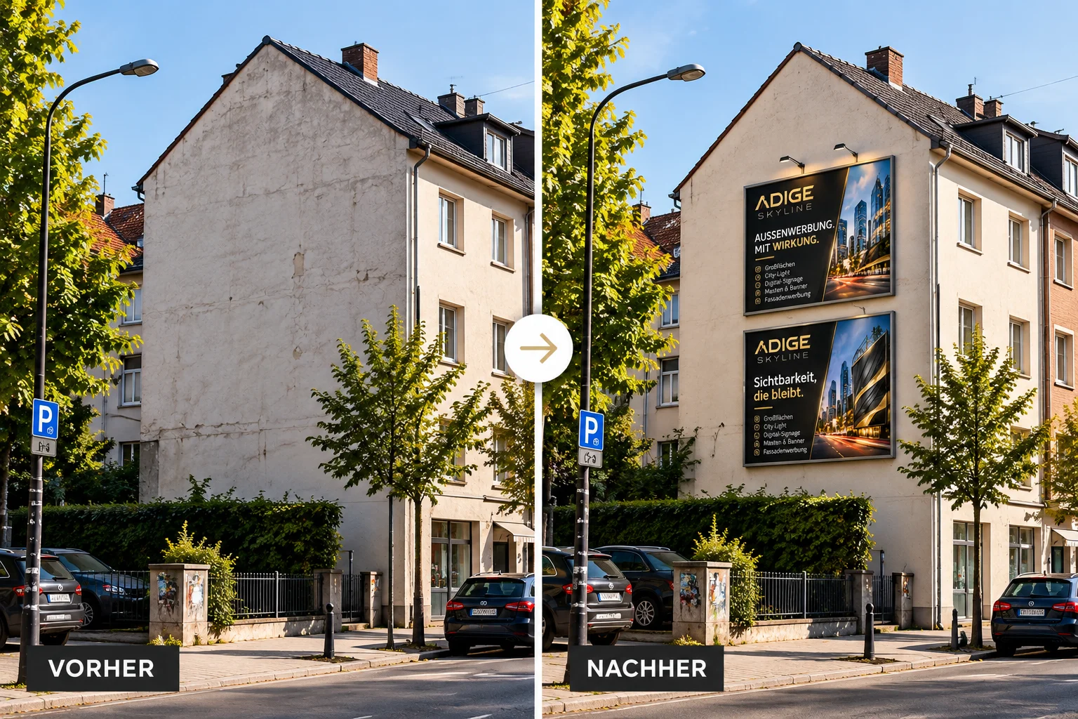 Vorher-Nachher-Vergleich: Giebelwand eines Wohnhauses ohne und mit zwei ADIGE-Skyline-Werbeflächen