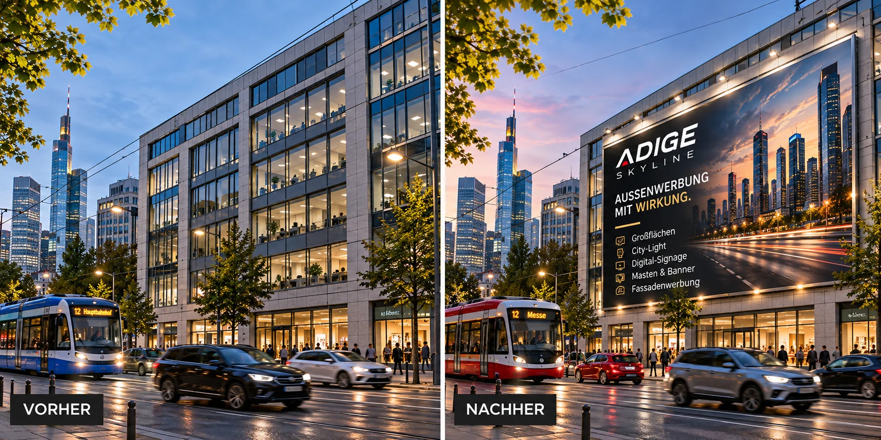 Vorher-Nachher-Vergleich: Bürogebäude ohne und mit großflächiger ADIGE-Skyline-Fassadenwerbung